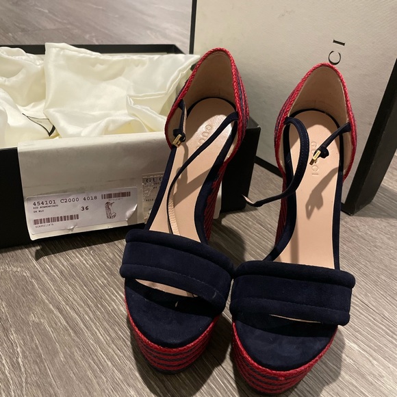 Gucci Red & Blue Wedge Espadrilles Size 36 - Picture 2 of 4